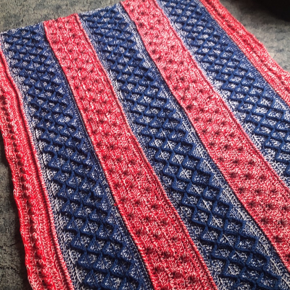 Bless the USA Fisherman Style Afghan Hand Crocheted In Red, White, Blue